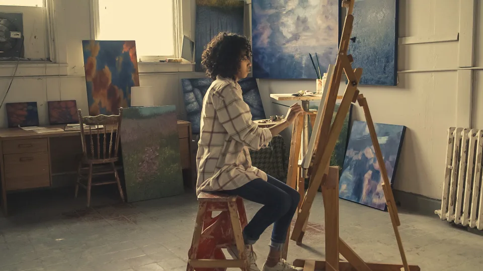 The painting studio set up for the winter exhibition